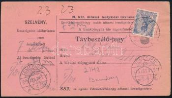 1915 Teljes távbeszélőjegy Turul 2K bérmentesítéssel "TEMESVÁR"