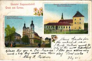 1904 Nagyszombat, Tyrnau, Trnava; Katonai rokkantház és templom, tébolyda (elmegyógyintézet) / K.u.K. military disability house and mental hospital, bedlam (asylum), church. floral + "ZSOLNA - POZSONY 48" vasúti mozgóposta bélyegző (EB)