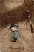 1917 Karácsonyi üdvözlet / Christmas greeting with little girl in the snow. H.H.i.W. Serie 1123. (lyuk / pinhole)