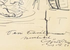 Szőnyi Gyula (1919-2014): Kárba ment bor. Tus, papír, jelzett, dedikált. 21x23 cm