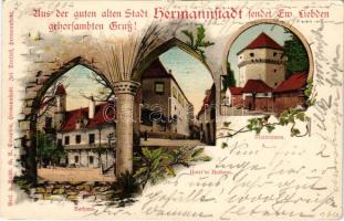 1903 Nagyszeben, Hermannstadt, Sibiu; Rathaus, Unter'm Rathaus, Marienturm / Városháza, Mária-torony / town hall, tower. Art Nouveau, floral + "NAGY-SZEBEN - KIS-KAPUS 149" vasúti mozgóposta bélyegző