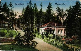 1918 Bártfafürdő, Bardejovské Kúpele, Bardiov, Bardejov; Mignon-villa. Neumann Viktor kiadása / villa + "BÁRTFA - KASSA 185" vasúti mozgóposta bélyegző (EK)