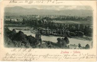 1902 Zsolna, Sillein, Zilina; látkép. Gansel Lipót kiadása / general view + "ZSOLNA - GALÁNTA - BUDAPEST 45" vasúti mozgóposta bélyegző (EK)