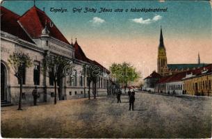 Topolya, Bácstopolya, Backa Topola; Gróf Zichy János utca, Takarékpénztár, templom. Hajtmann István kiadása / street view, savings bank, church (EK)