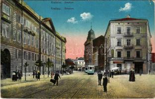 Kraków, Krakkó, Krakau; Stradom / Grodgasse / street view, tram, shops (EK)