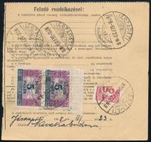 1928 FELEZETT 80f Pengő-filléres portó + Ikarusz portó 5f ívszéli pár csomagszállítón Budapest - Jászapáti