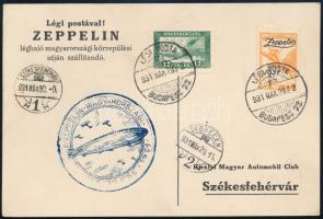 1931 Levelezőlap Zeppelin magyarországi körrepüléssel, 1P Zeppelin bélyeggel, debreceni ledobással