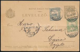 1901 Losoncon írt 4f díjjegyes levelezőlap Turul 1f + 5f díjkiegészítéssel, ODERBERG - BUDAPEST vasúti bélyegzéssel Kairóba, érkezési bélyegzéssel. Ritka destináció!!