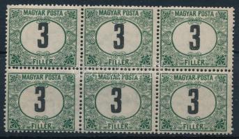 1920 Magyar Posta portó 3f hatostömb, 1 bélyegen pont a MAGYAR után