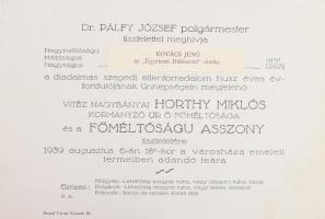1939 Szeged címeres meghívó Horthy Miklós és felesége részvételével tartott fogadásra