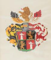 XX. század eleje/első fele Heinzely család címere, 2 db: papír, vegyes technika, hímzett szövet üveg...