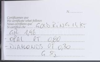 Arany (Au) 14K gyűrű opál és gyémánt kövekkel, jelzett, certifikáttal, méret: 56, bruttó: 1,96 g