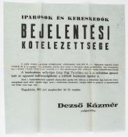 1939 Hirdetmény: Iparosok és kereskedők bejelentési kötelezettsége a zsidók közéleti és gazdasági térfoglalásának korlátozásáról szóló törvényes rendelkezések értelmében, Nagykőrös 48x51 cm hajtva