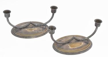 Ezüstözött alpakka kétágú gyertyatartó pár, kopással, 24x11 cm