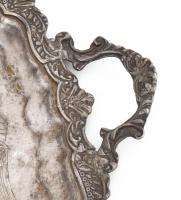 Antik ezüstözött alpakka tálca, kopással, 51x32 cm