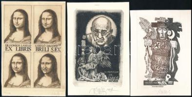 Vén Zoltán (1941- ), 3 db kisgrafika: Ex libris, brili sex Dr. Gombos László (Mona Lisa) + Woo-doo christ + In memoriam Dr. Csányi István. Rézkarc, papír, mindegyik jelzett, egyik 58/100 számozással. Klf. méretekben