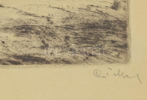 Cs. Pataj Mihály (1921-2008): Asztag. Rézkarc, papír, jelzett. Üvegezett fakeretben, 14×18 cm