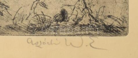 Aszódi Weil Erzsébet (1901-1976): Budapest, pihenők a Városligetben, háttérben a Hősök tere. Rézkarc...