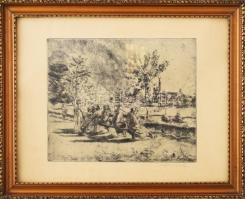 Aszódi Weil Erzsébet (1901-1976): Budapest, pihenők a Városligetben, háttérben a Hősök tere. Rézkarc...