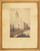 Olvashatatlan jelzéssel: Tápéi templom, 1923. Rézkarc, papír, jelzett, számozott (3. szám), kissé fo...