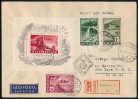 1948 Lánchíd I. blokk díjkiegészített ajánlott légi FDC New Yorkba