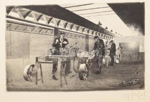 Grafikák a kohó- és gépipar munkájáról, 19 rézkarc, papír, jelzettek, közte Gyémánt László, Pásztor ...