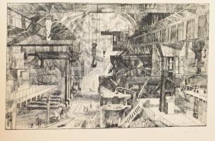 Grafikák a kohó- és gépipar munkájáról, 19 rézkarc, papír, jelzettek, közte Gyémánt László, Pásztor ...