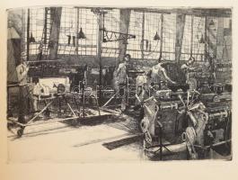 Grafikák a kohó- és gépipar munkájáról, 19 rézkarc, papír, jelzettek, közte Gyémánt László, Pásztor ...