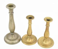 3 darab bronz és alpakka gyertyatartó, m: 19-26 cm