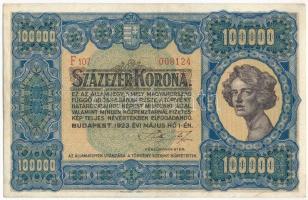 1923. 100.000K "F107 008124" sorszámmal, "Orell Füssli Zürich" nyomdahely jelöléssel T:F szép papír Hungary 1923. 100.000 Korona with "F107 008124" serial number, with "Orell Füssli Zürich" printer's mark C:F Adamo K46