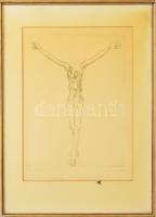 Melocco Miklós (1935-): Feszület. Rézkarc, papar, jelzett,Dedikált. üvegezett keretben. 39x29 cm