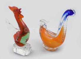 Murano anyagában színezett tyúk és kakas, jelzés nélkül, hibátlan, m: 19 cm