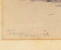 Pörge Gergely (1858-1930): Újpest, piac. Ceruza, papír, jelzett, üvegezett fakeretben, 25x35 cm