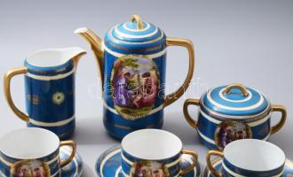 Cseh alt wien historizáló jelenetes kávés készlet, teljes, jelzett, kopással, egy csészén repedéssel