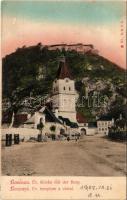 1905 Barcarozsnyó, Rozsnyó, Rosenau, Rasnov; Ev. Kirche mit der Burg / Evangélikus templom a várral. D.K.F.E. III. / Lutheran church with the castle (felületi sérülés / surface damage)