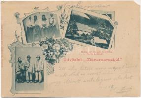 1900 Romoly, Romuli (Máramaros, Maramures); Hoffmann-féle gőz és turbina fűrésztelep, népviselet. Kaufmann Ábrahám kiadása / sawmill, Transylvanian folklore. Art Nouveau, floral (EM)