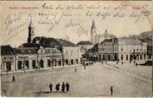 1907 Zilah, Zalau; Kossuth tér, Lengyel L., Körtesi József, Seres Samu üzlete és saját kiadása / square, publisher's shops (Rb)