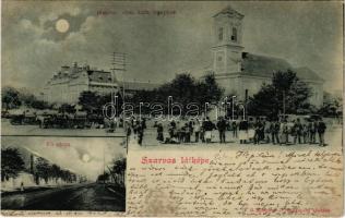 1900 Szarvas, Fő utca, Piac tér, Római katolikus templom, este. R. Rozgony J. fényképész kiadása (EK)