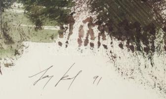 Kardos János (1946-2018): Kompozíció, 1991. Akril, papír. Jelezve lent. Üvegezett fakeretben. 65x103...