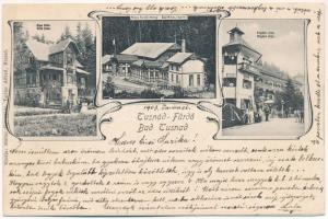 1903 Tusnádfürdő, Baile Tusnad; Elsa villa, Mikes fürdő (meleg), Bogdán villa. Müller Gy. utóda Tartler Alfréd kiadása / spa, villas. Art Nouveau (kopott sarok / worn corner)