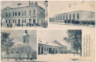 Borgóprund, Borgó-Prund, Prundu Bargaului; Hotel Comunal / Községi szálloda, Bucur Lupescu &amp; Marcu, Fischler és Scharfstein üzlete, templom, iskola télen. "Anitta" Wien / hotel, shops, church, school in winter (r)