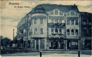 1918 Miskolc, Dr. Singer palota, Takarékpénztár, Kristály, Zeichner Adolf, Stern Handelsmann és Dévényi testvérek üzlete. Stamberger B. kiadása (EK)