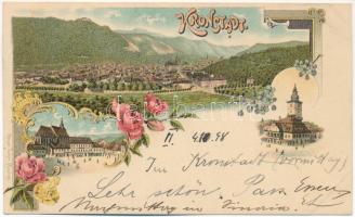 1898 (Vorläufer) Brassó, Kronstadt, Brasov; látkép, városháza / general view, town hall. Ottmar Zieher Art Nouveau, floral, litho