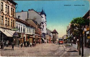 1915 Miskolc, Széchenyi utca, villamos, Pannonia szálloda, üzletek. Orosz Ferenc kiadása (Rb)