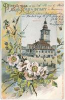 1903 Brassó, Kronstadt, Brasov; Rathaus / városháza, piac. Wilh. Hiemesch kiadása, pünkösdi üdvözlettel / Pentecost greetings with town hall, market. Louis Glaser Auto-Chrom. Art Nouveau, floral, litho (EB)