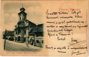 1900 Brassó, Kronstadt, Brasov; Római katolikus templom, Kolostor utca, üzlet. Zeidner H. kiadása / Catholic church, street view, shop (Rb)