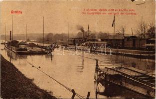 1909 Gombos, Bogojeva; Gőzkomp Gombos és Erdőd között, gőzmozdony kikötés előtt és után. Tippl Józsefné kiadása 729. / steam ferry with locomotive between Bogojevo and Erdut, train transporting ferry (fl)