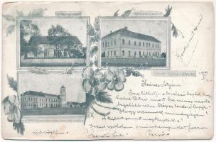 1901 Ditró, Gyergyóditró, Ditrau; Római katolikus iskola, Állami polgári fiúiskola, Községháza, Római katolikus templom / Catholic church and school, town hall. Art Nouveau, floral (gyűrődés / crease)