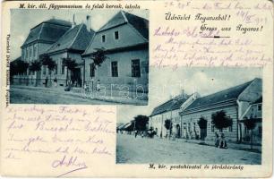 1904 Fogaras, Fagaras; M. kir. állami főgimnázium és felső kereskedelmi iskola, M. kir. postahivatal és járásbíróság, üzlet. Thierfeld Dávid kiadása / grammar school, trade school, post office, district court, shop (kopott sarkak / worn corners)