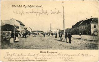 1906 Gyulafehérvár, Alba Iulia; Novák Ferenc tér, piac, Jakabffy Albert, Fuchs Nándor, Weisz Adolf üzlete. Schäser Ferenc kiadása / square, market, shops (EB)